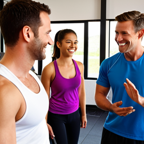 Home 16 **Prompt:** A modern, brightly lit fitness center during peak hours. A welcoming fitness manager, casually dressed in gym attire, is actively engaging with a diverse gym member (e.g., addressing a concern or offering advice) near a row of well-maintained equipment. The atmosphere is friendly and empathetic, conveying a sense of belonging and excellent customer service. Subtle details like an online reservation screen in the background or happy members interacting are a bonus.