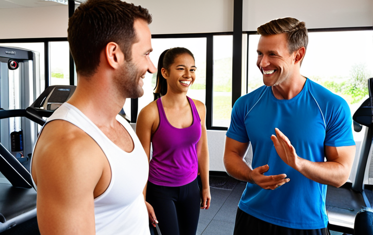 **Prompt:** A modern, brightly lit fitness center during peak hours. A welcoming fitness manager, casually dressed in gym attire, is actively engaging with a diverse gym member (e.g., addressing a concern or offering advice) near a row of well-maintained equipment. The atmosphere is friendly and empathetic, conveying a sense of belonging and excellent customer service. Subtle details like an online reservation screen in the background or happy members interacting are a bonus.