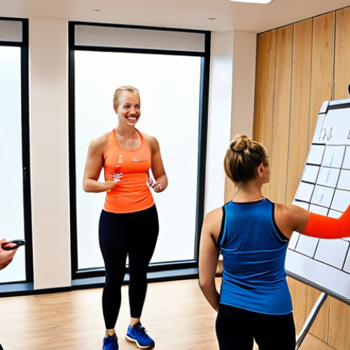 Home 15 **Image Prompt:** A modern fitness center in the Netherlands, bustling with activity. A diverse group of people are working out, while a young, enthusiastic manager is confidently leading a team meeting, using a whiteboard with "SMART Goals" written on it in Dutch ("SMART Doelen"). The atmosphere is positive and energetic, reflecting teamwork and career growth. Focus on the Dutch aesthetic and fitness trends.