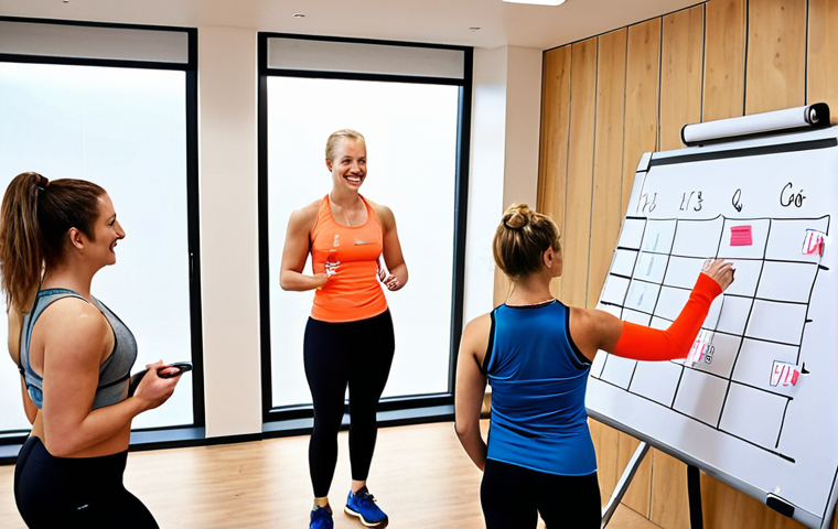 **Image Prompt:** A modern fitness center in the Netherlands, bustling with activity. A diverse group of people are working out, while a young, enthusiastic manager is confidently leading a team meeting, using a whiteboard with "SMART Goals" written on it in Dutch ("SMART Doelen"). The atmosphere is positive and energetic, reflecting teamwork and career growth. Focus on the Dutch aesthetic and fitness trends.